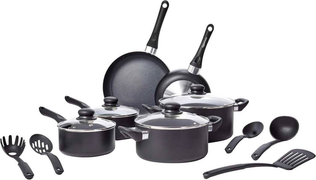 Amazon Basics Non-Stick Cookware 15-Piece Set, Pots, Pans and Utensils